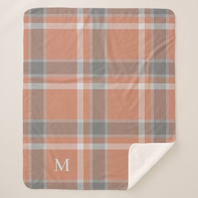 Terracotta and Grey Tartan Plaid with Monogram Sherpa Blanket (Front)