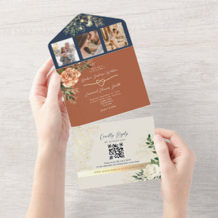 Terracotta and Navy Blue Elegant Fall Wedding  All In One Invitation