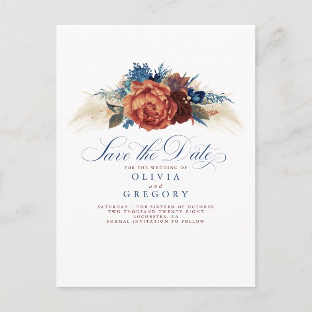 Terracotta and Navy Blue Floral Save The Date Announcement Postcard (Front)