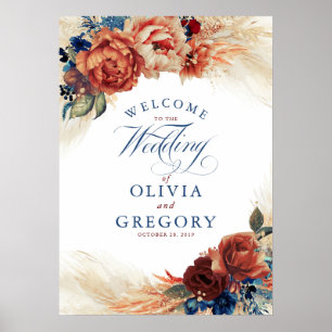 Terracotta and Navy Blue Floral Wedding Welcome Poster