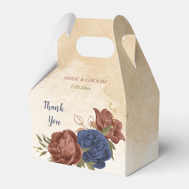 terracotta and navy blue flowers wedding favor box (Front Side)