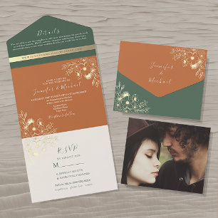 Terracotta and Olive Green Wedding All In One Invitation