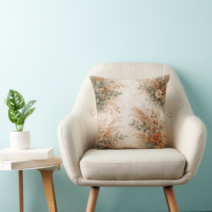 Terracotta and Sage Boho Autumn Bouquet Throw Pillow