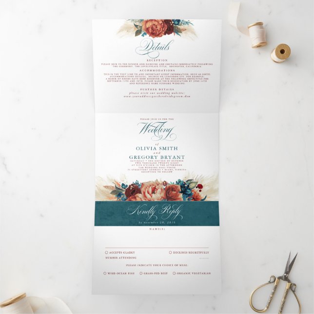 Terracotta and Teal Blue Elegant Boho Wedding Tri-Fold Invitation (Inside)