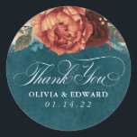Terracotta and Teal Blue Thank You Floral Classic Round Sticker<br><div class="desc">Terracotta teal blue rust flowers and pampas grass thank you stickers</div>