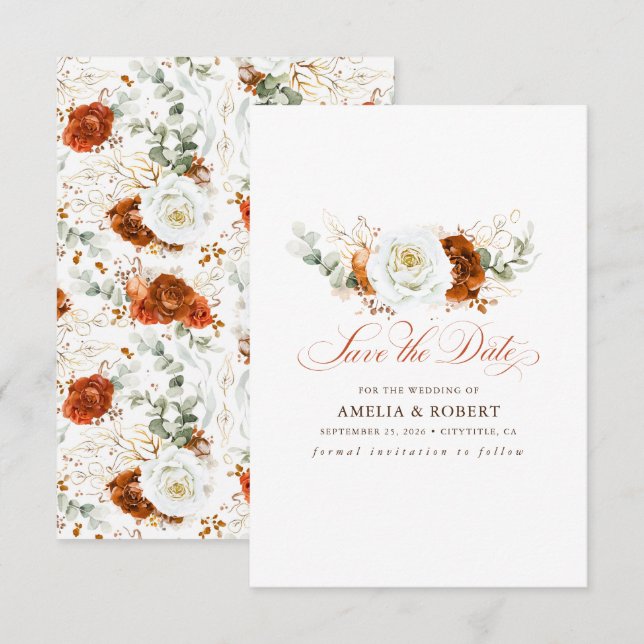 Terracotta and White Chic Floral Save the Date (Front/Back)
