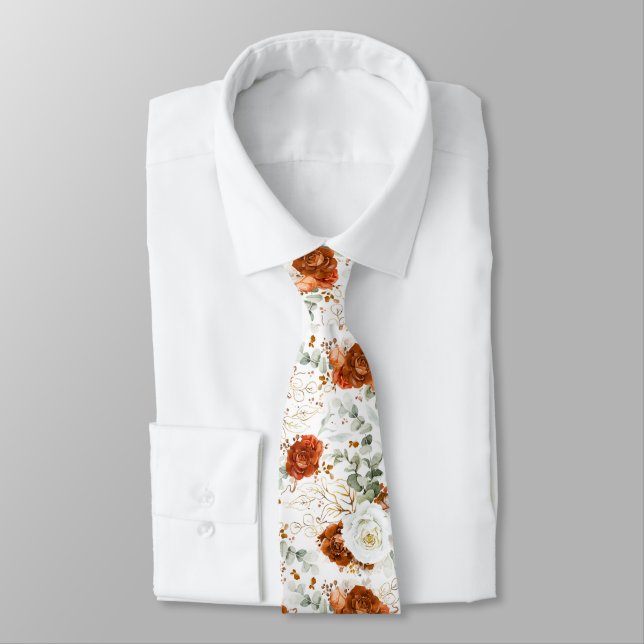 Terracotta and White Floral Wedding Neck Tie (Tied)
