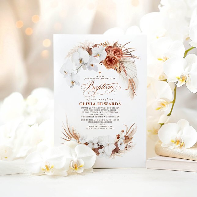Terracotta and White Flowers Boho Chic Baptism Invitation (White Orchids Terracotta Baptism Invitations)