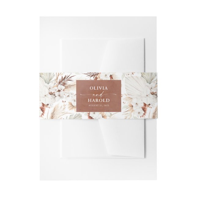 Terracotta and White Flowers Boho Wedding Invitation Belly Band (Front Example)