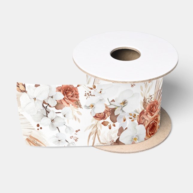 Terracotta and White Flowers Botanical Boho Chic Satin Ribbon (Spool)