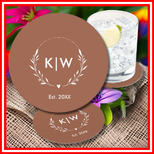 Terracotta and White Modern Initials Monogram Round Paper Coaster