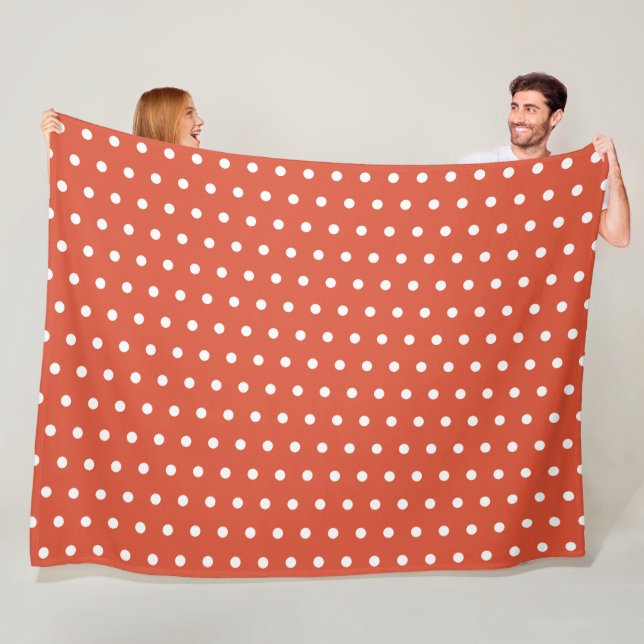 Terracotta and White Retro Polka Dot Pattern Fleece Blanket (In Situ)