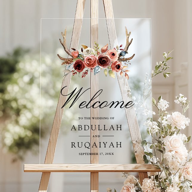 Terracotta Antlers Floral Wedding Welcome Acrylic Sign (Creator Uploaded)