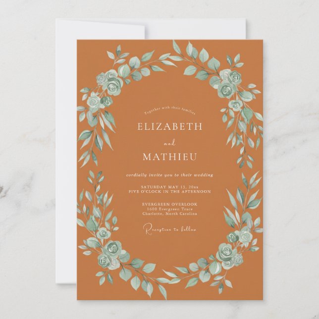 Terracotta Aqua Leafy Wedding Invitation (Front)