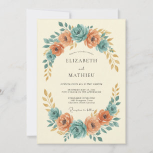 Terracotta Aqua Ranunculus Soft Eucalyptus Wedding Invitation