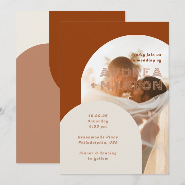Terracotta Arch Groovy Retro Wedding Photo Overlay Invitation (Front/Back)