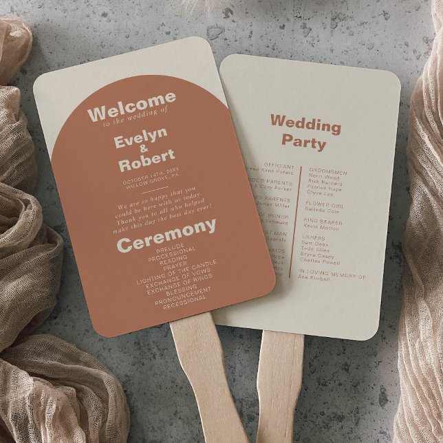 Terracotta Arch Minimalist Formal Wedding Program Hand Fan (Creator Uploaded)