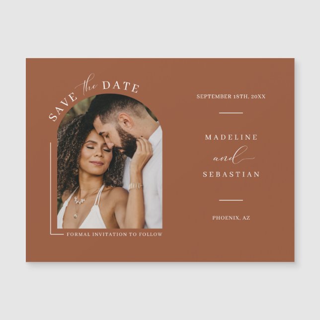 Terracotta Arch Photo Save the Date Magnetic Card (Front)
