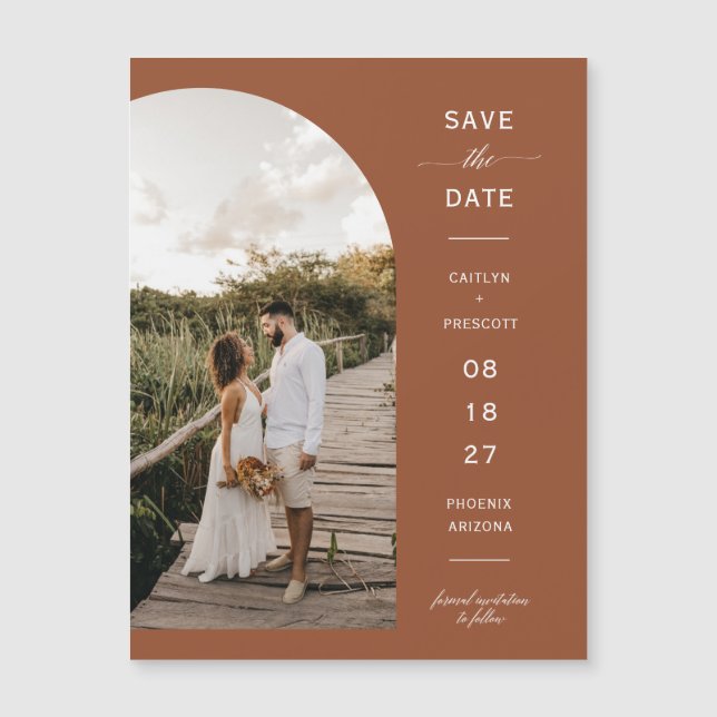 Terracotta Arch Photo Save the Date Magnetic Card (Front)