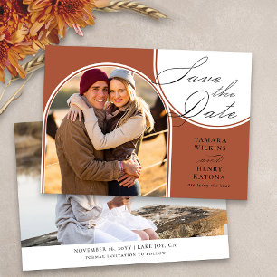 Terracotta Arched Photo Wedding Calligraphy Save The Date