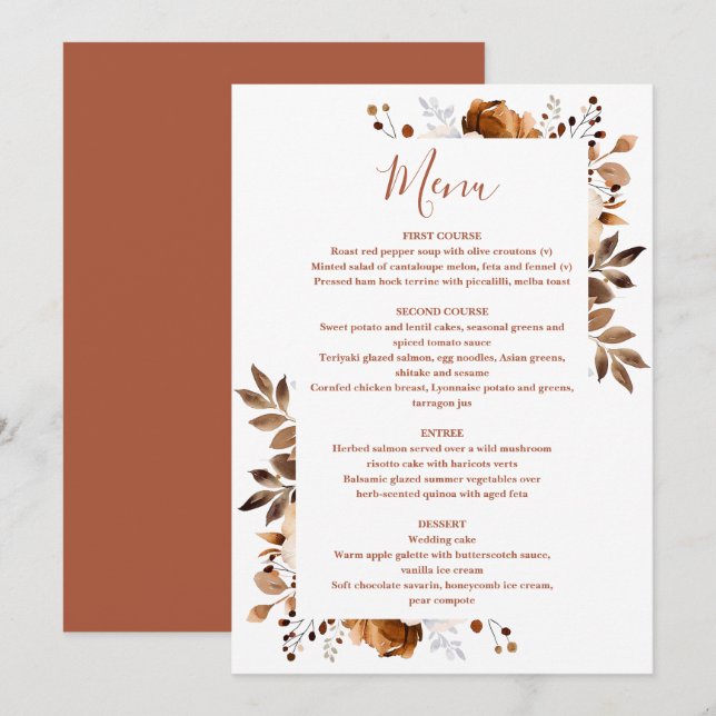 Terracotta Autumn Fall Country Floral Wedding Menu (Front/Back)