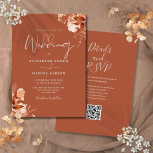 Terracotta Autumn Fall Floral QR Code Wedding Invitation