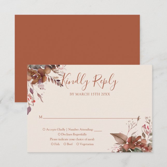 Terracotta Autumn Fall Rustic Floral Wedding RSVP Card (Front/Back)