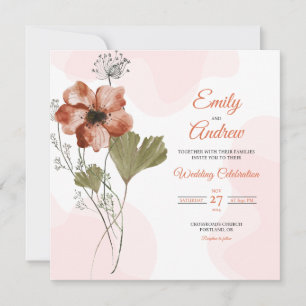 Terracotta Autumn Floral Watercolor Square Wedding Invitation