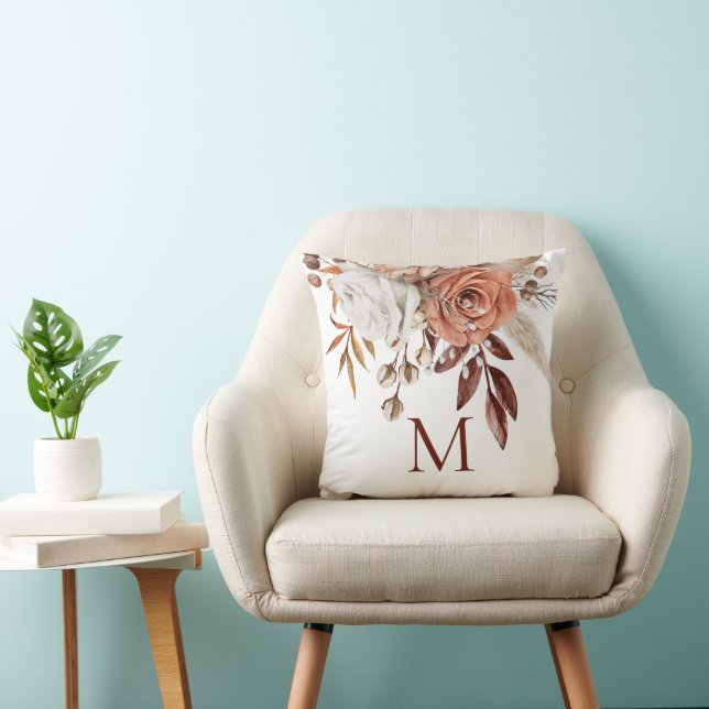 Terracotta Autumn Florals Monogram Initial Throw Pillow (Chair)