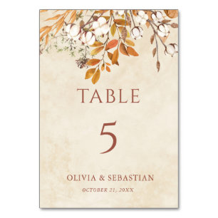 Terracotta Autumn Leaves Boho Fall Wedding Table Number