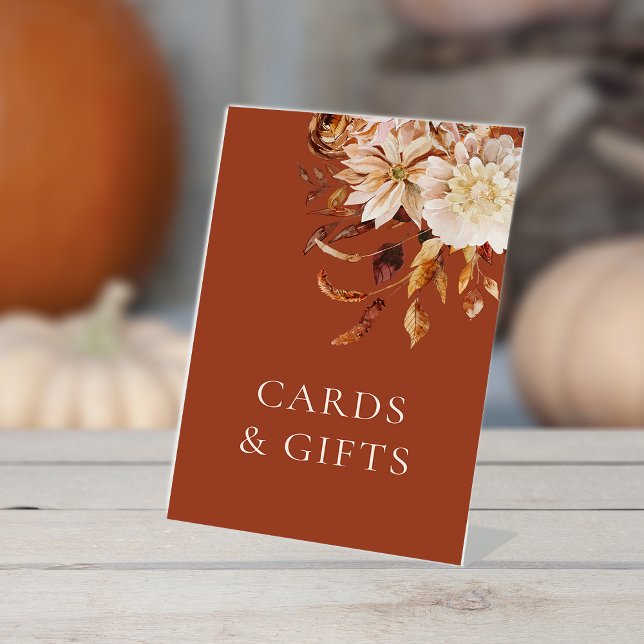 Terracotta Autumn Wedding Pedestal Sign (Terracotta Autumn Floral Wedding Cards & Gifts Pedestal Sign by Painted Paperie)