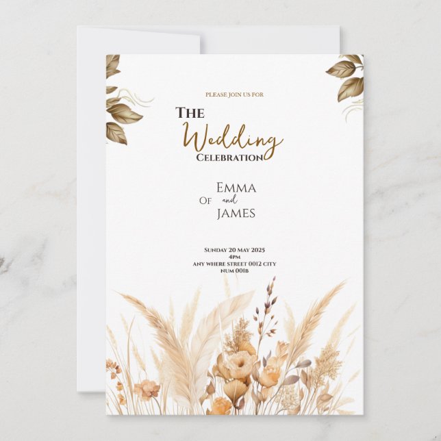 terracotta beige minimalist Floral wedding card (Front)