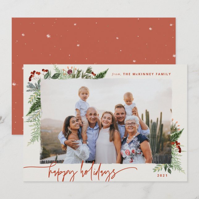 Terracotta Beige Modern Script Boho Greenery Photo Holiday Card (Front/Back)