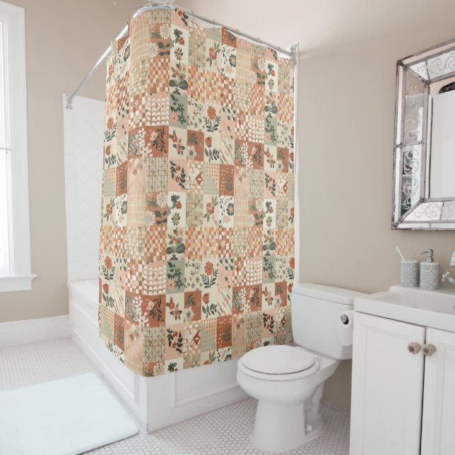 Terracotta Beige Patchwork Quilt Rustic Floral  (In Situ)