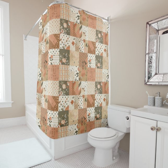 Terracotta Beige Patchwork Quilt Rustic Floral  (In Situ)