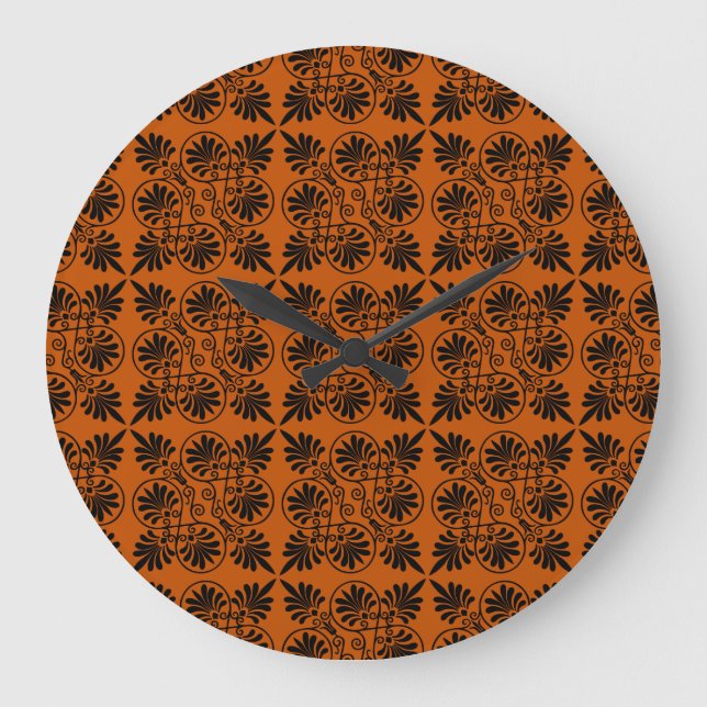 Terracotta Black Ancient Greek Meander Pattern Large Clock (Front)