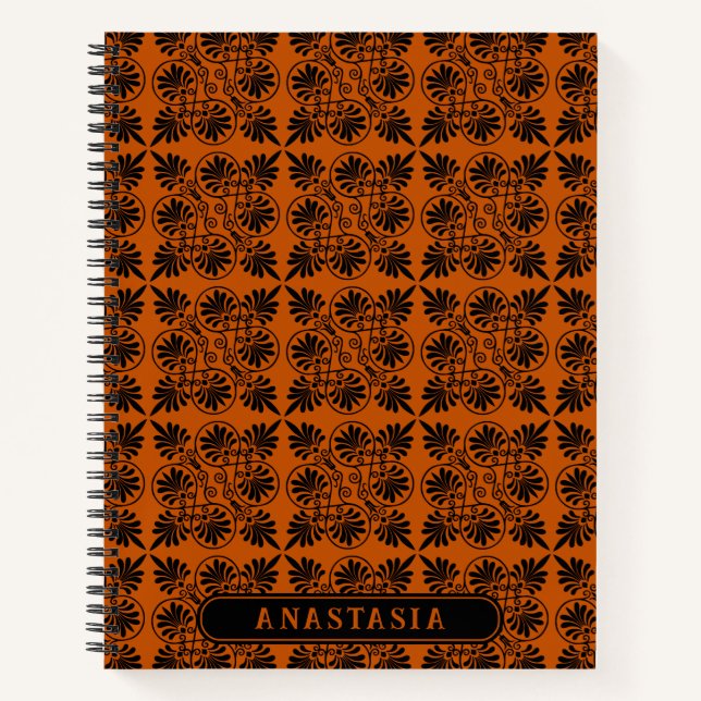 Terracotta Black Ancient Greek Meander Pattern Notebook (Front)
