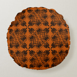 Terracotta Black Ancient Greek Meander Pattern Round Pillow