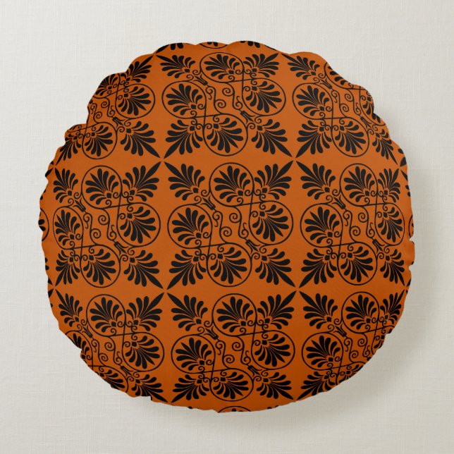 Terracotta Black Ancient Greek Meander Pattern Round Pillow (Front)