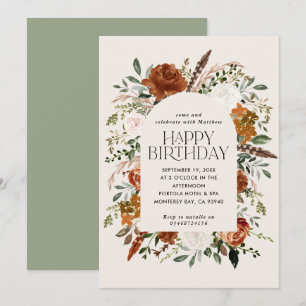 Terracotta black floral botanical birthday modern invitation