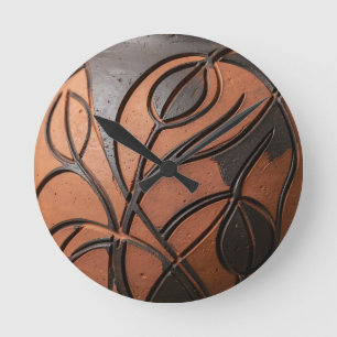 Terracotta Black Leaf Carved Ceramic Pattern Round Clock