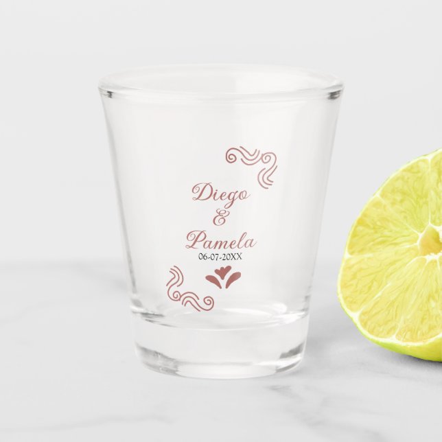 Terracotta black rustic spanish wedding couple en shot glass (Front)