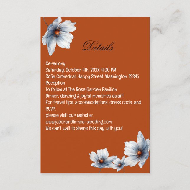 Terracotta Blue Floral Chic Anemone Autumn Wedding Enclosure Card (Front)