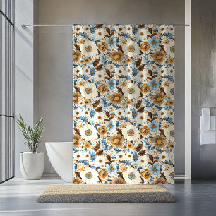 Terracotta Blue Flowers Opulent Bohemian Curtain