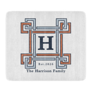 Terracotta Blue Greek Key Monogram Family Crest Cutting Board