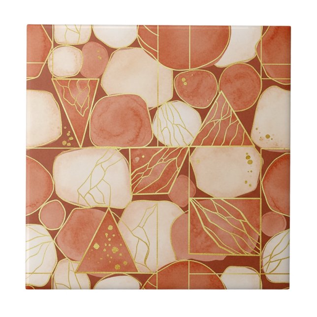 Terracotta Blush Cream Geometric Gold Mosaic Tile (Front)
