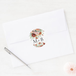 Terracotta Blush Flowers Greenery Letter Initials Classic Round Sticker