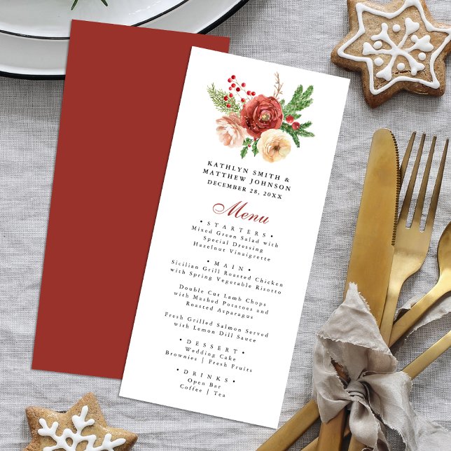 Terracotta Blush Pink Floral Pine Winter Wedding Menu (Creator Uploaded)