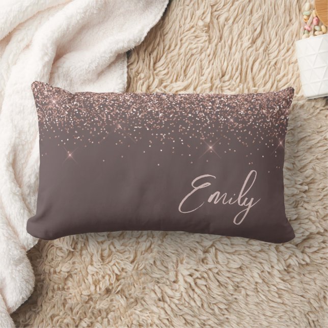 Terracotta Blush Pink Rose Gold Glitter Monogram Lumbar Pillow (Blanket)
