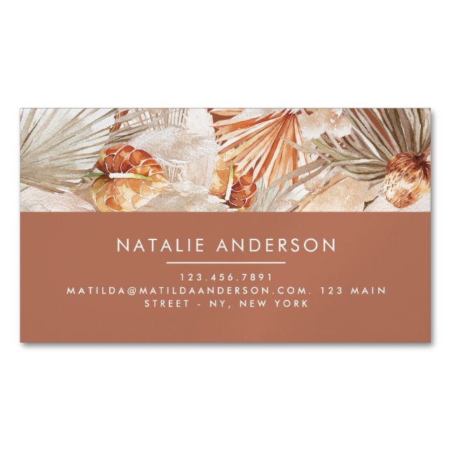 Terracotta Bohemian elegant modern pampas grass Bu Magnetic Business Card (Front)